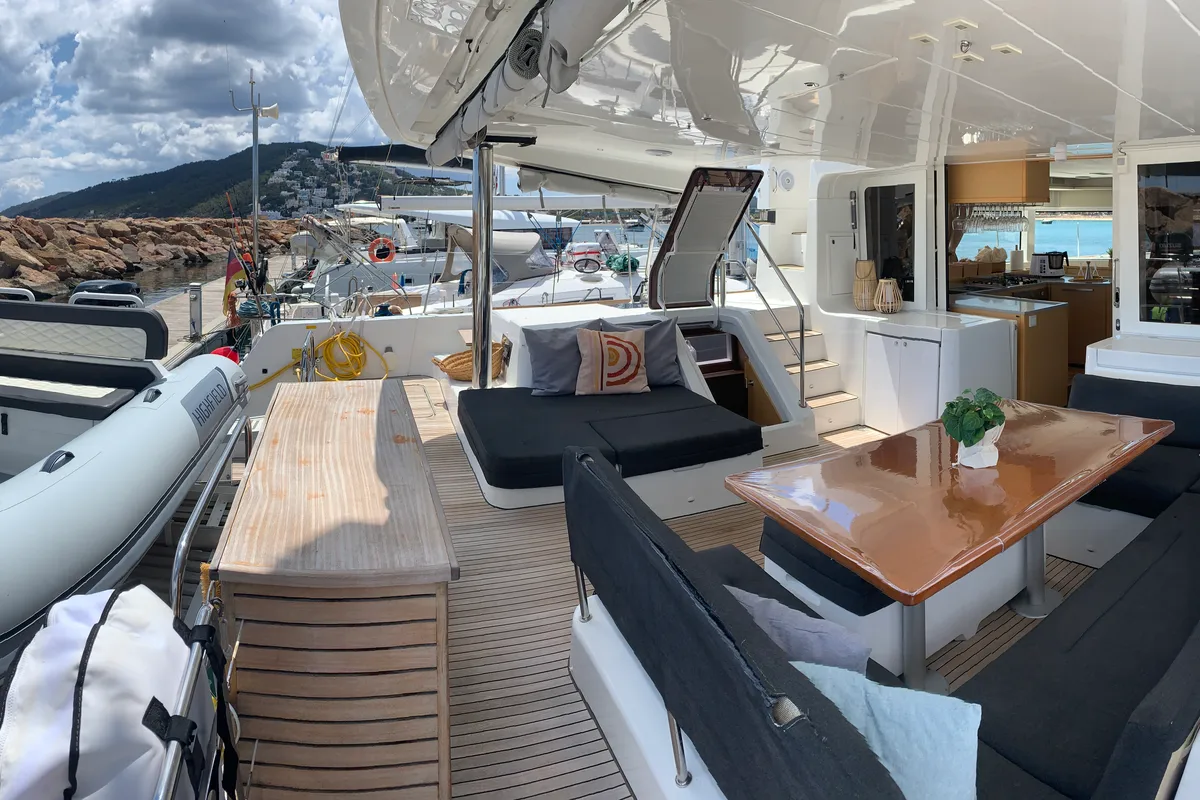 Deck of GOA 10, a Lagoon 52 catamaran at Santa Eulària des Riu, Spain