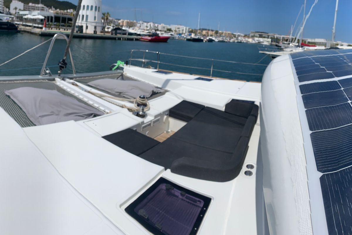 Deck of GOA 10, a Lagoon 52 catamaran at Santa Eulària des Riu, Spain