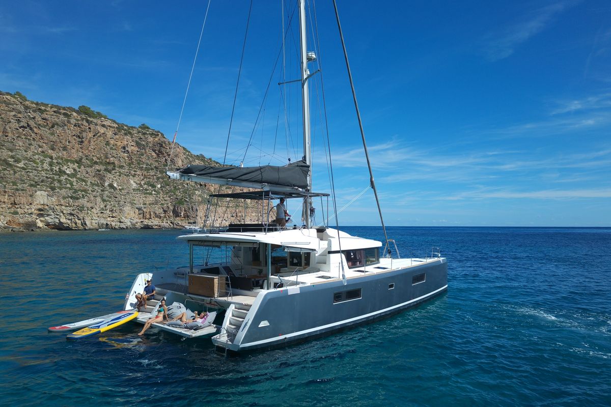 Exterior view of GOA 10, a Lagoon 52 catamaran at Santa Eulària des Riu, Spain