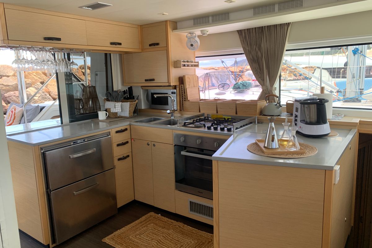 Galley of GOA 10, a Lagoon 52 catamaran at Santa Eulària des Riu, Spain