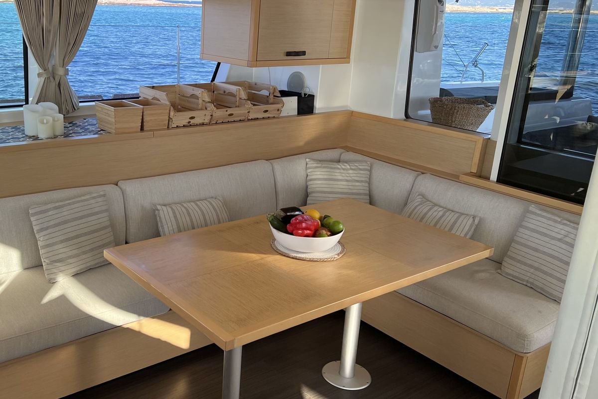 Salon of GOA 10, a Lagoon 52 catamaran at Santa Eulària des Riu, Spain