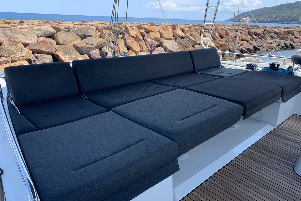 Deck of GOA 10, a Lagoon 52 catamaran at Santa Eulària des Riu, Spain