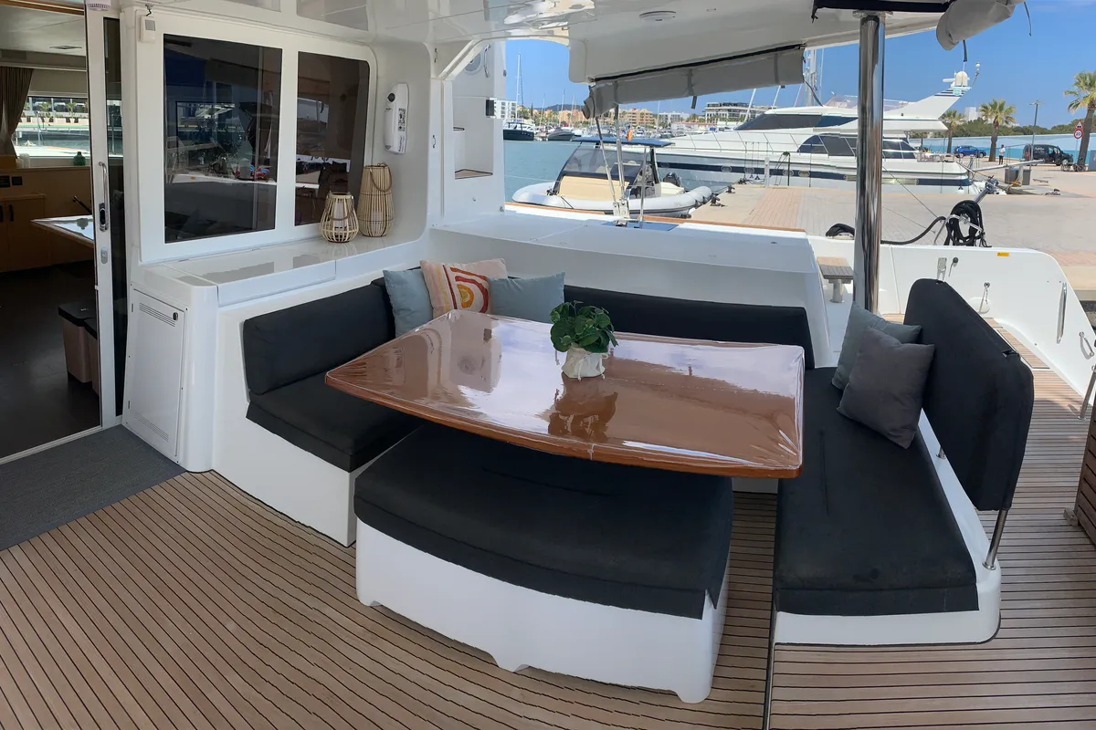 Deck of GOA 10, a Lagoon 52 catamaran at Santa Eulària des Riu, Spain