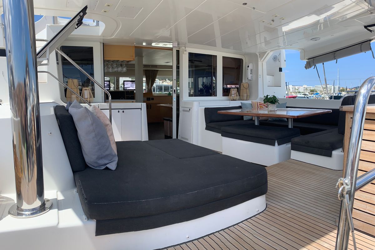 Deck of GOA 10, a Lagoon 52 catamaran at Santa Eulària des Riu, Spain