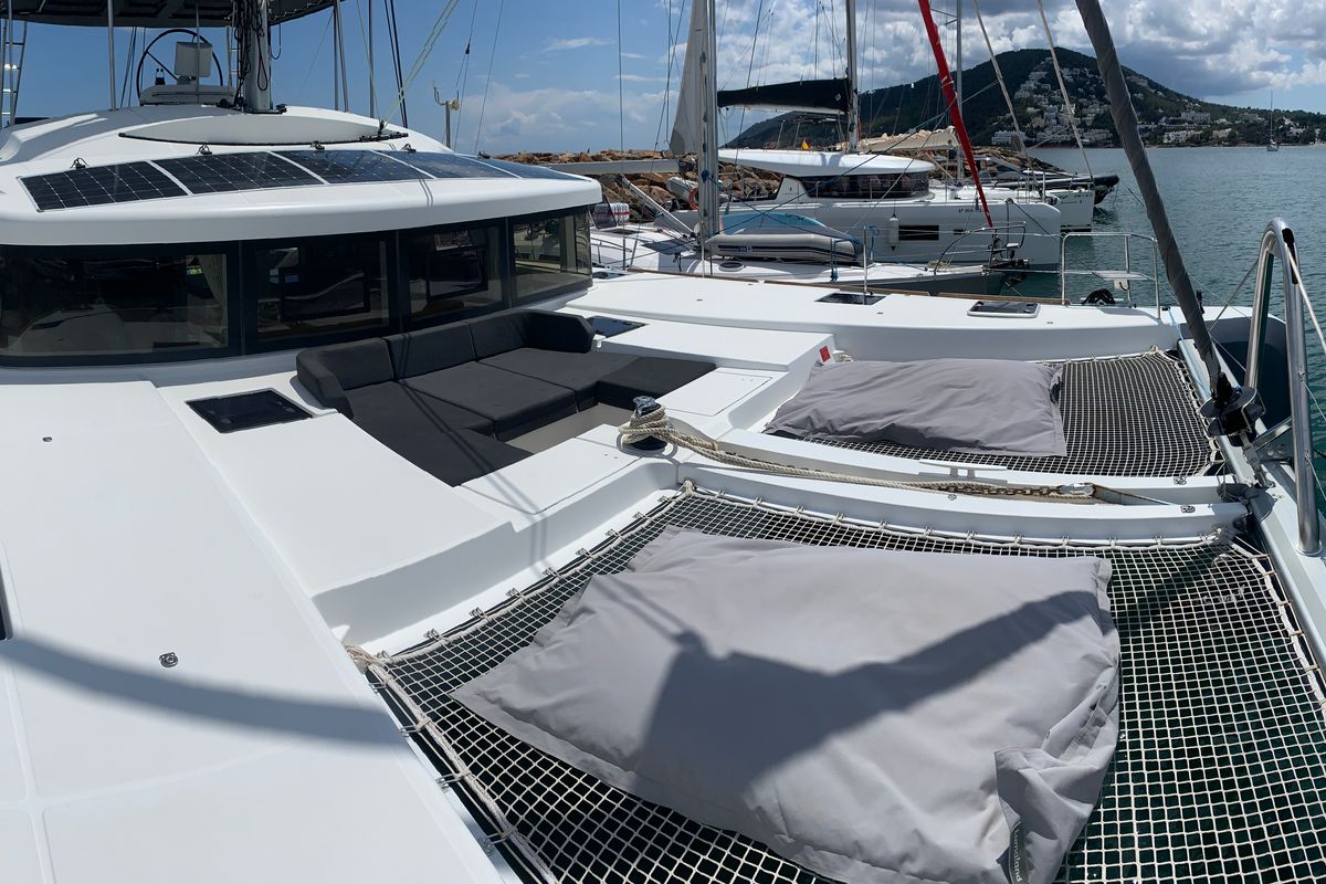 Deck of GOA 10, a Lagoon 52 catamaran at Santa Eulària des Riu, Spain
