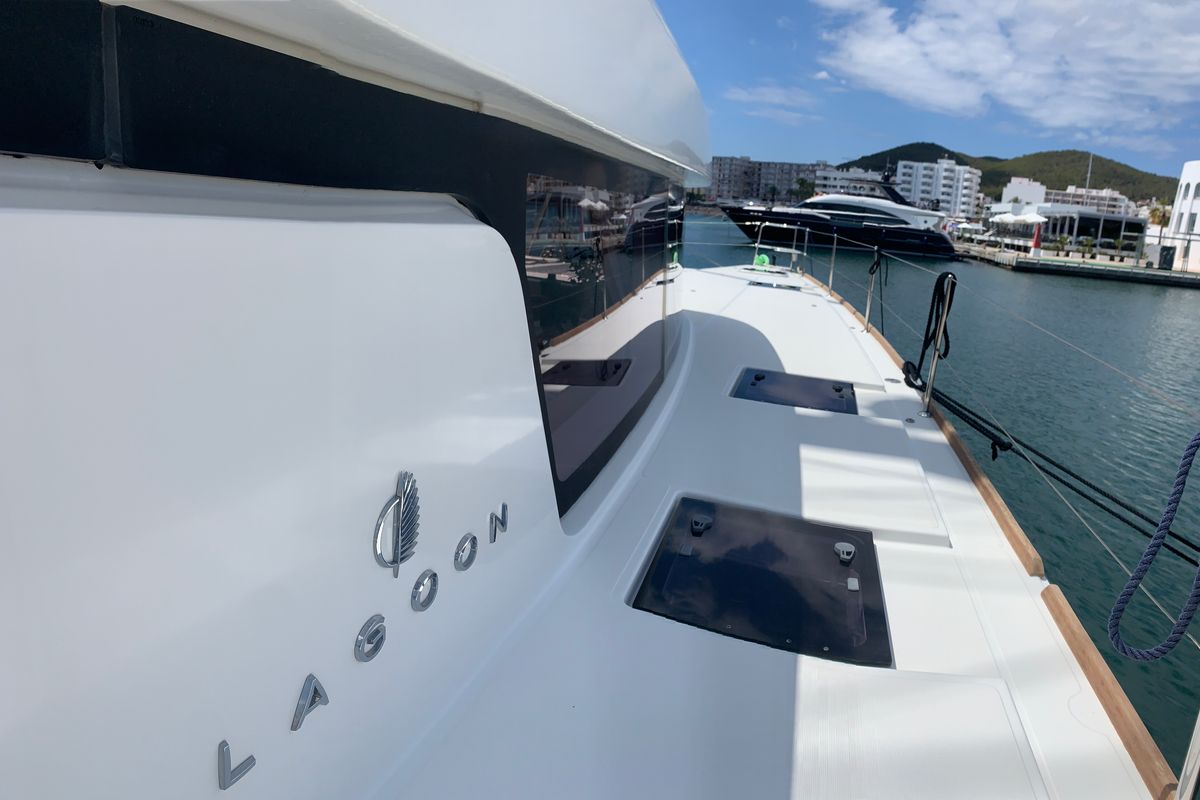Exterior view of GOA 10, a Lagoon 52 catamaran at Santa Eulària des Riu, Spain