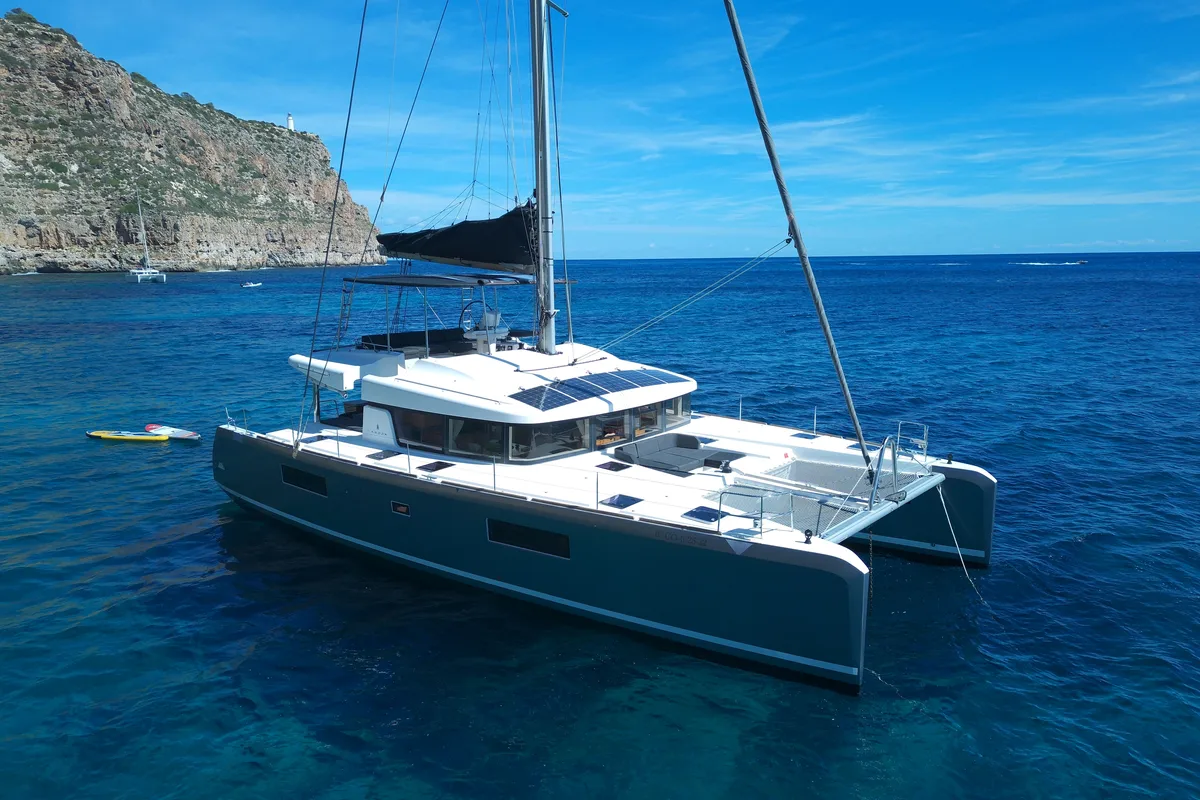 Exterior view of GOA 10, a Lagoon 52 catamaran at Santa Eulària des Riu, Spain