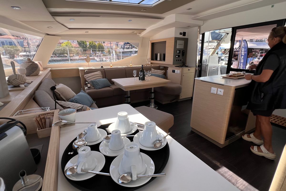 Salon of My Precious ''E'', a Fountaine Pajot Aura 51 catamaran at Municipal Unit of Ellomenos, Greece