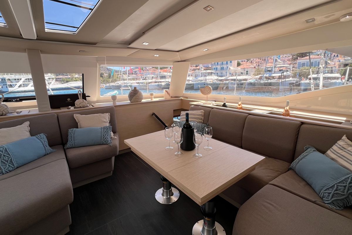 Salon of My Precious ''E'', a Fountaine Pajot Aura 51 catamaran at Municipal Unit of Ellomenos, Greece