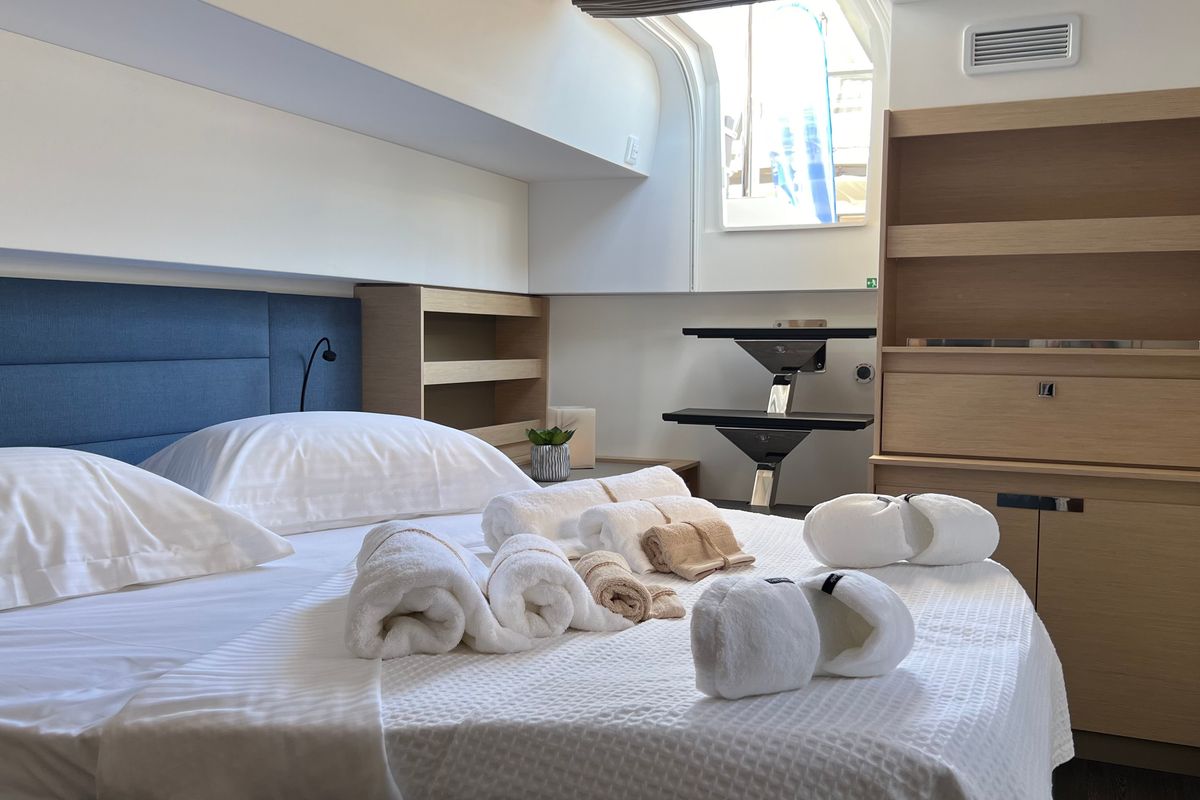 Cabin on My Precious ''E'', a Fountaine Pajot Aura 51 catamaran at Municipal Unit of Ellomenos, Greece