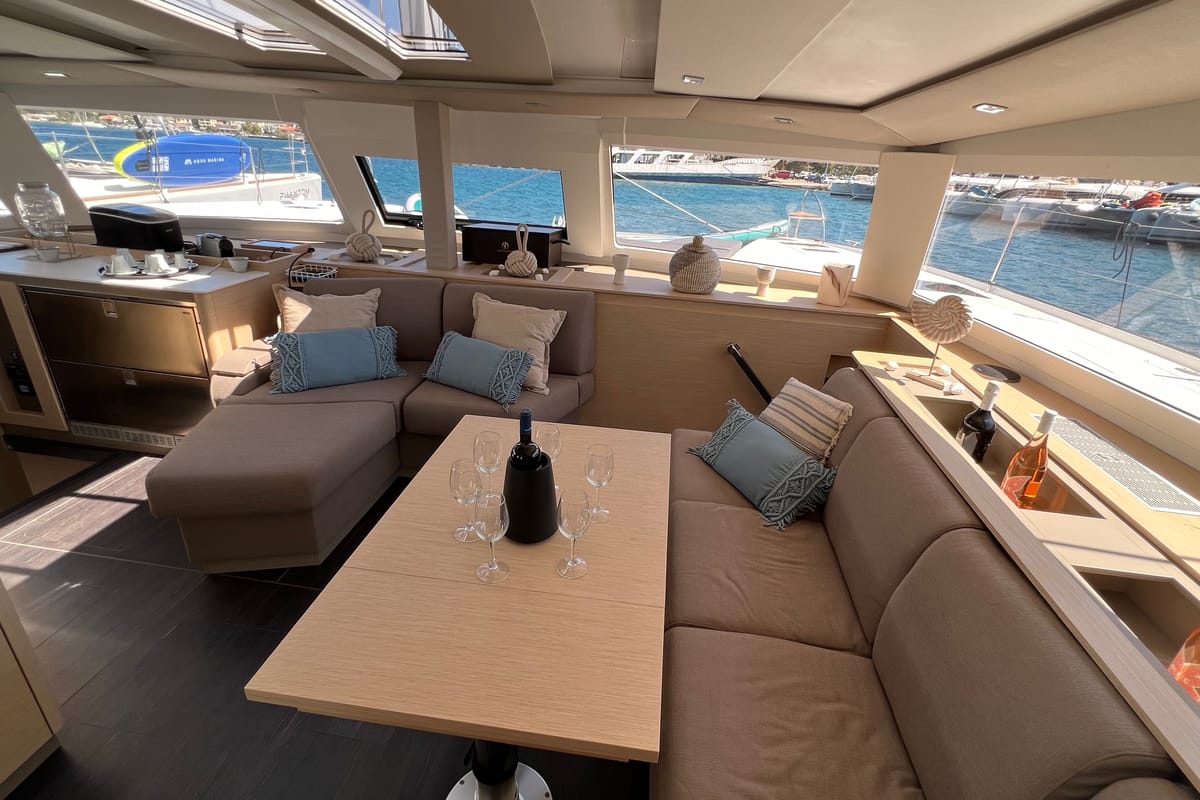Salon of My Precious ''E'', a Fountaine Pajot Aura 51 catamaran at Municipal Unit of Ellomenos, Greece