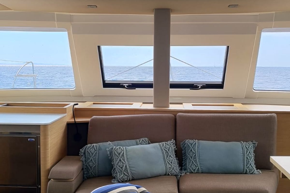 Salon of My Precious ''E'', a Fountaine Pajot Aura 51 catamaran at Municipal Unit of Ellomenos, Greece