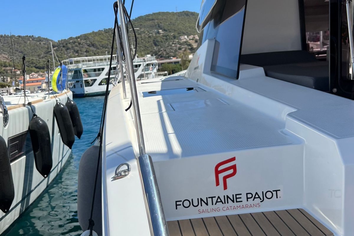 Exterior view of My Precious ''E'', a Fountaine Pajot Aura 51 catamaran at Municipal Unit of Ellomenos, Greece