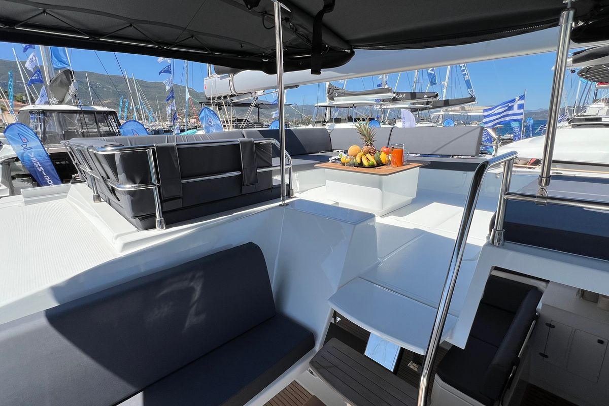 Deck of My Precious ''E'', a Fountaine Pajot Aura 51 catamaran at Municipal Unit of Ellomenos, Greece