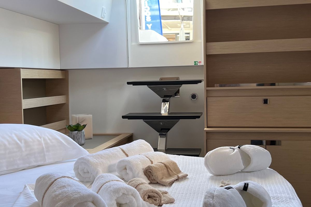 Cabin on My Precious ''E'', a Fountaine Pajot Aura 51 catamaran at Municipal Unit of Ellomenos, Greece