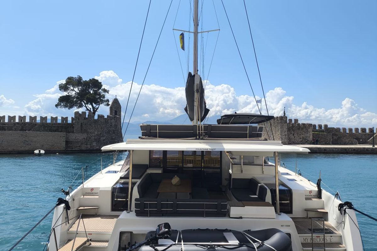 Exterior view of My Precious ''E'', a Fountaine Pajot Aura 51 catamaran at Municipal Unit of Ellomenos, Greece