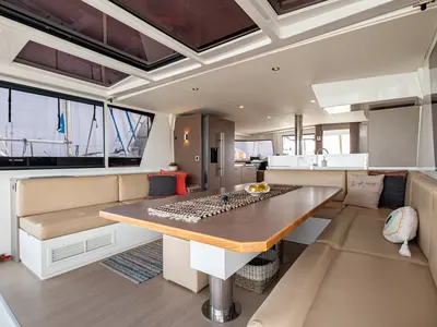 Salon of Calypso, a Bali 4.8 catamaran at Municipal Unit of Lefkada, Greece