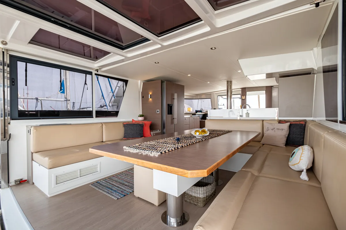 Salon of Calypso, a Bali 4.8 catamaran at Municipal Unit of Lefkada, Greece