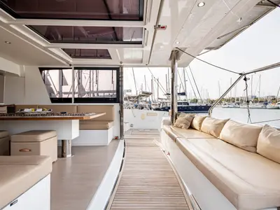 Deck of Calypso, a Bali 4.8 catamaran at Municipal Unit of Lefkada, Greece