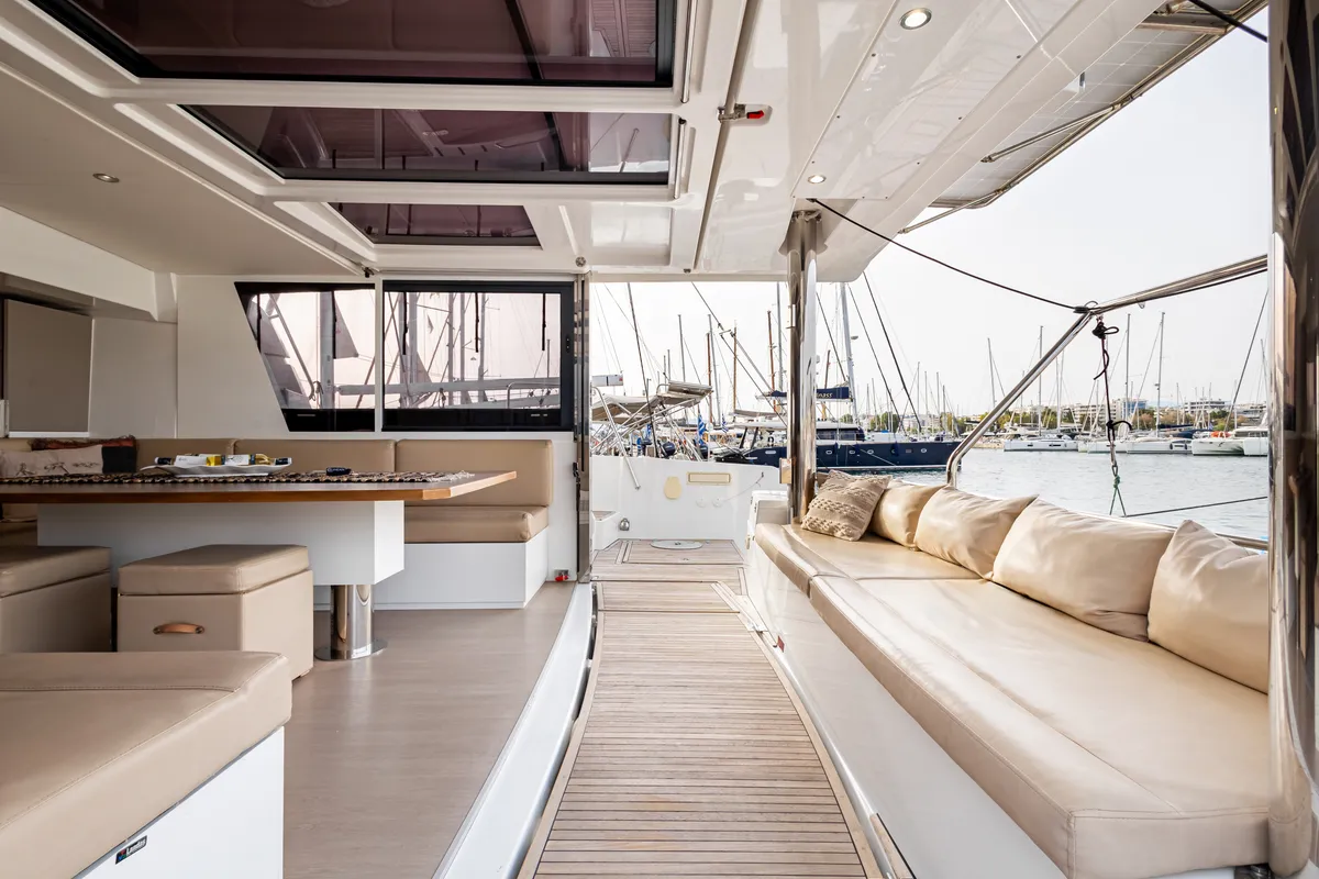 Deck of Calypso, a Bali 4.8 catamaran at Municipal Unit of Lefkada, Greece