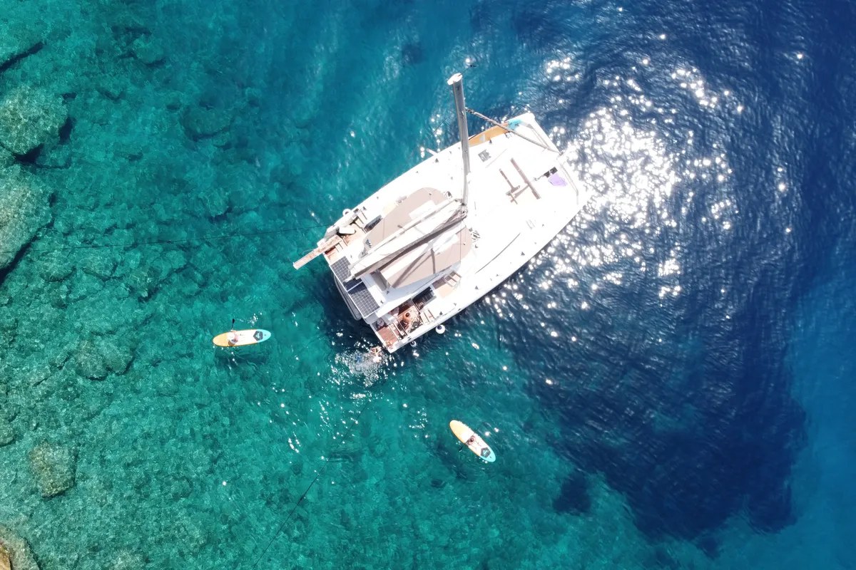 Exterior view of Calypso, a Bali 4.8 catamaran at Municipal Unit of Lefkada, Greece
