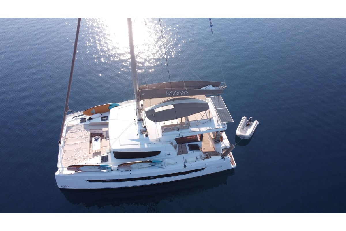 Exterior view of Calypso, a Bali 4.8 catamaran at Municipal Unit of Lefkada, Greece