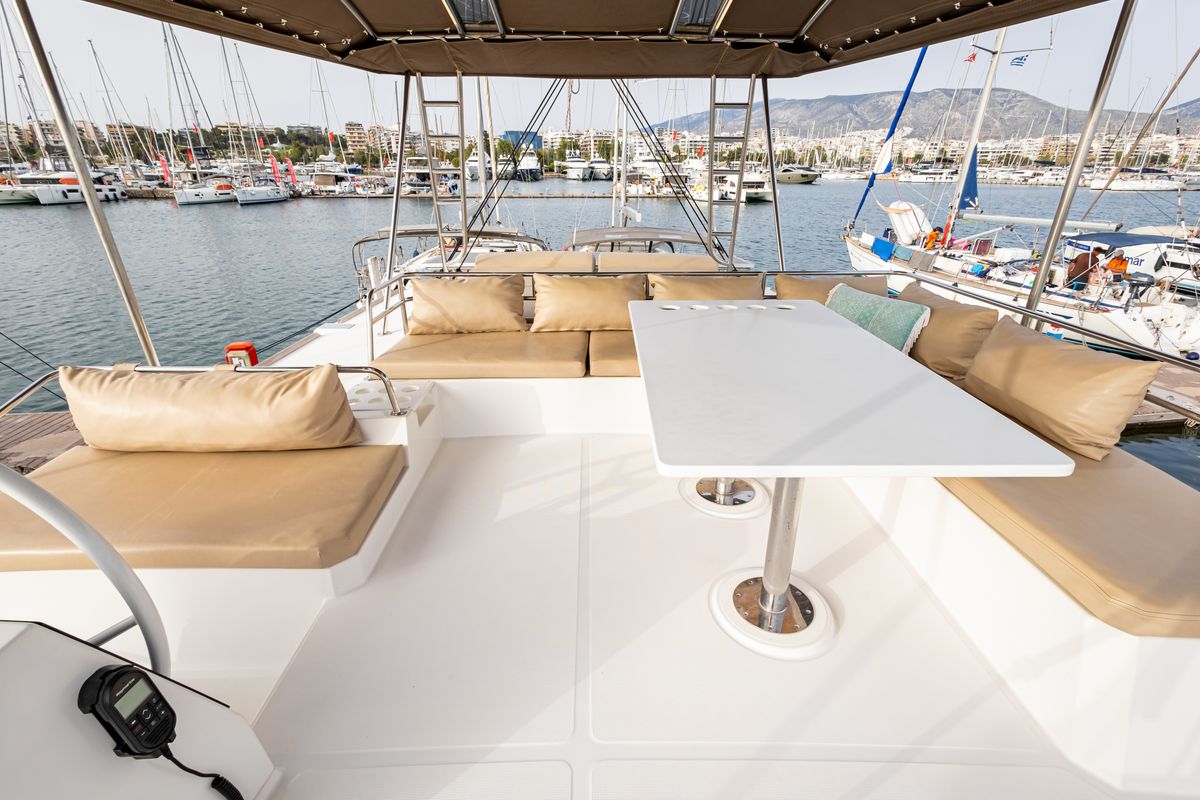 Deck of Calypso, a Bali 4.8 catamaran at Municipal Unit of Lefkada, Greece