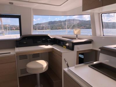 Cockpit of Hogwarts, a Bali 4.3 catamaran at Olbia, Italy