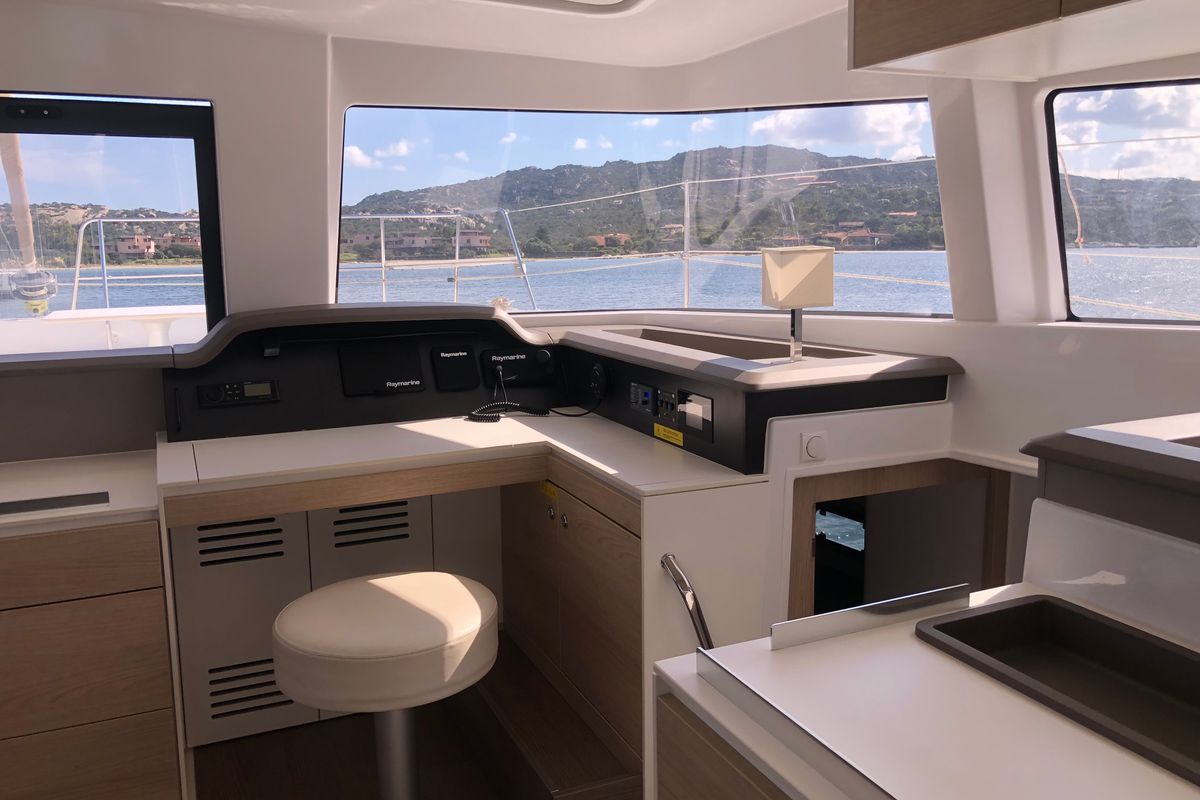 Cockpit of Hogwarts, a Bali 4.3 catamaran at Olbia, Italy