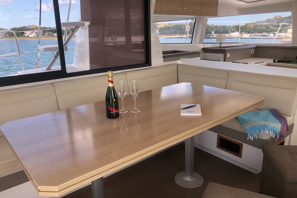 Salon of Hogwarts, a Bali 4.3 catamaran at Olbia, Italy