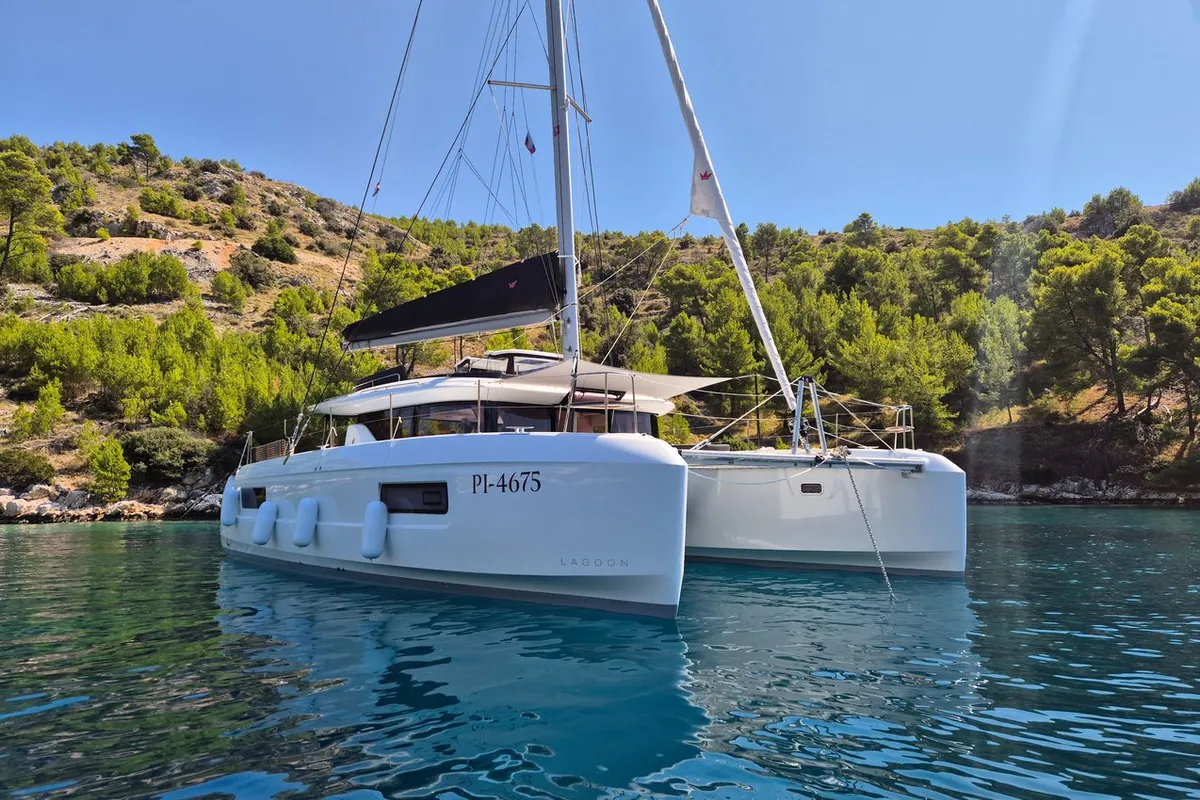 Exterior view of Stela, a Lagoon 43 catamaran at Seget Donji, Croatia