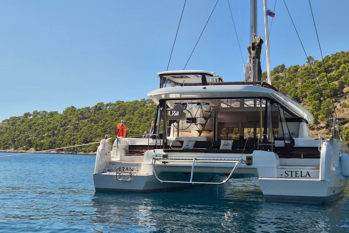 Exterior view of Stela, a Lagoon 43 catamaran at Seget Donji, Croatia