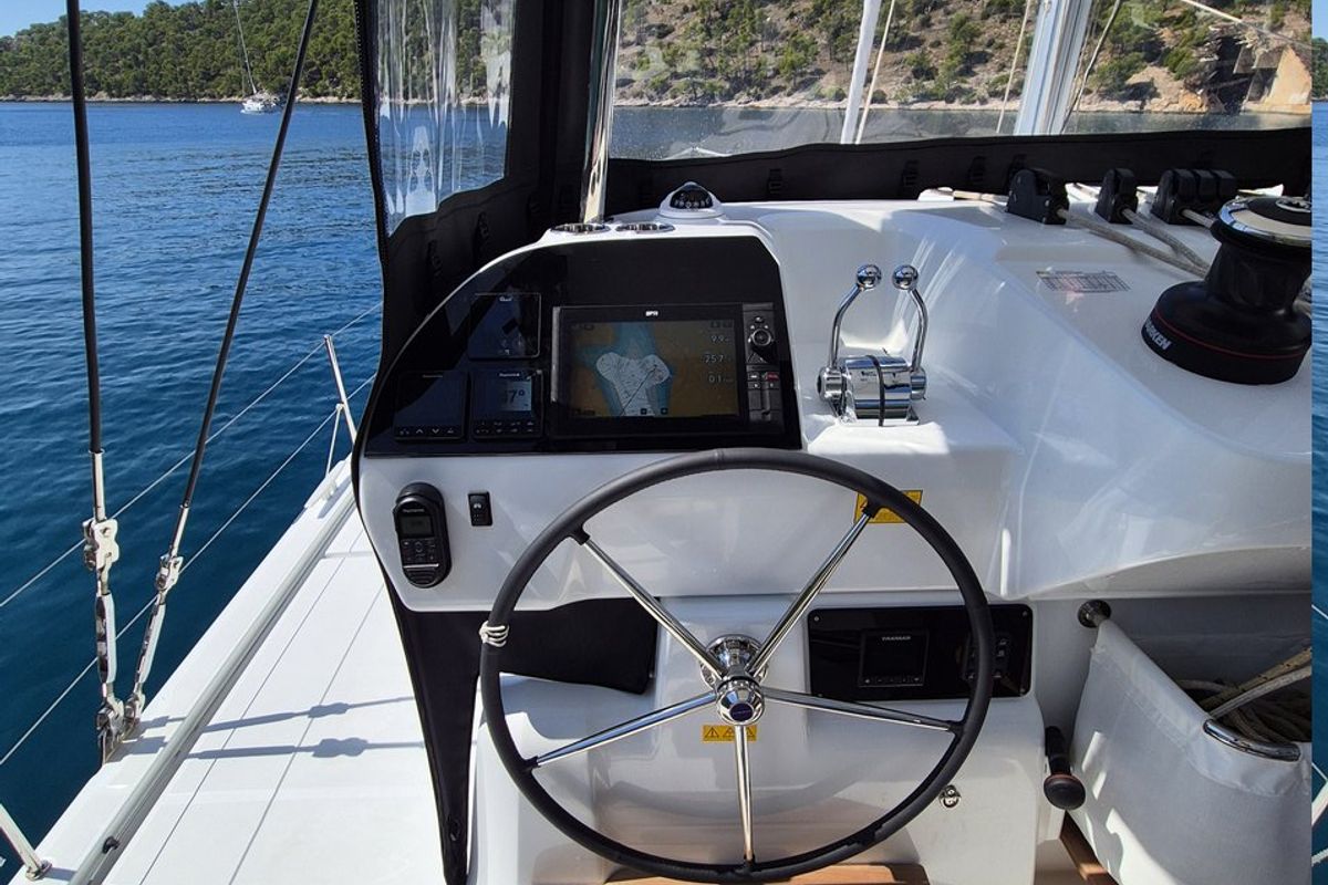 Cockpit of Stela, a Lagoon 43 catamaran at Seget Donji, Croatia