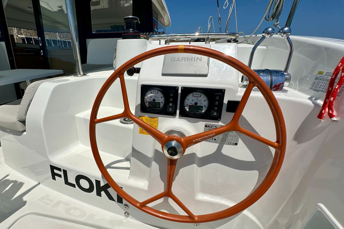 Cockpit of Floki, a Excess 11 catamaran at Port de Pollença, Spain