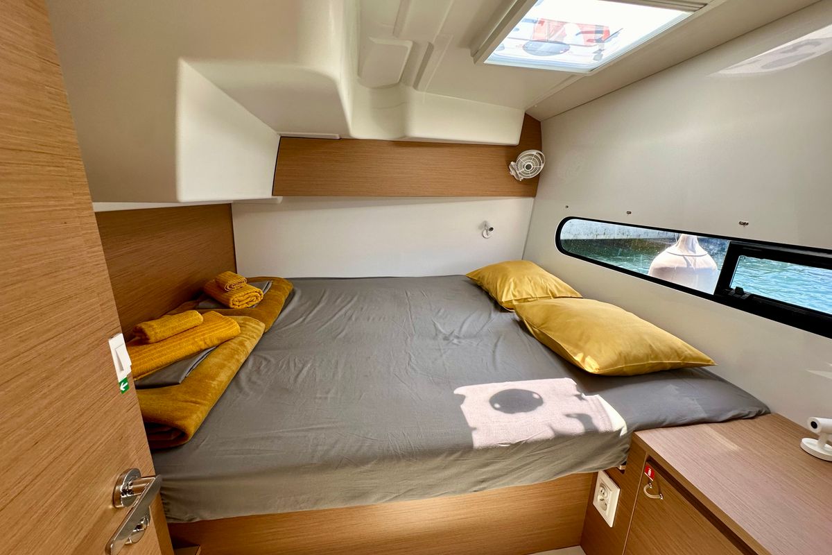 Cabin on Floki, a Excess 11 catamaran at Port de Pollença, Spain