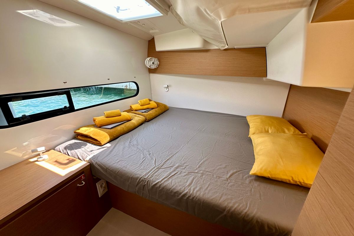 Cabin on Floki, a Excess 11 catamaran at Port de Pollença, Spain