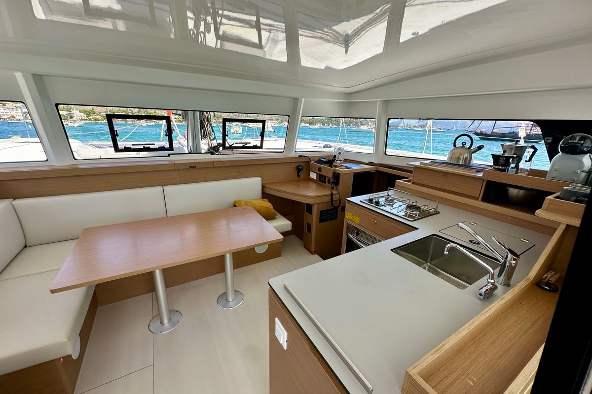 Salon of Floki, a Excess 11 catamaran at Port de Pollença, Spain