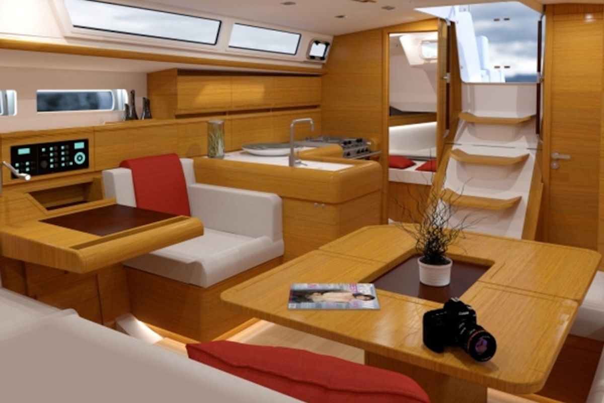 Salon of AF-OC40.1, a Jeanneau Sun Odyssey 479 sailboat at Municipal Unit of Lefkada, Greece