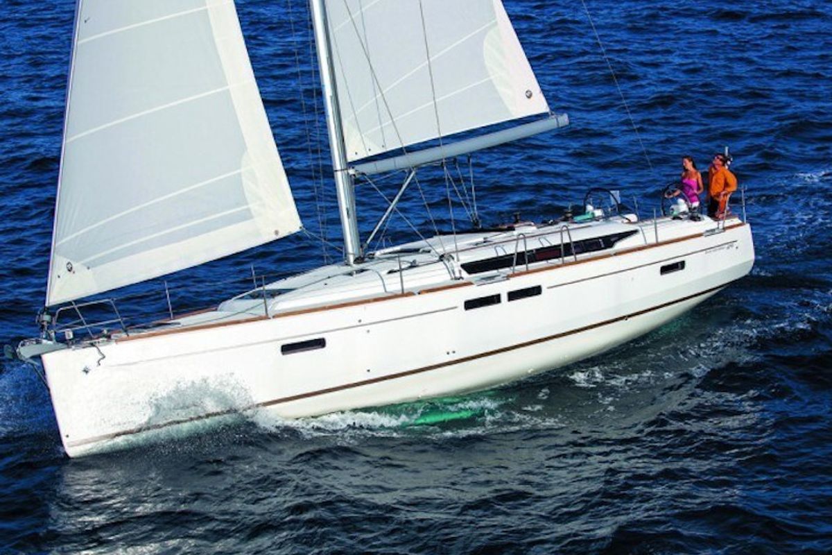 Exterior view of AF-OC40.1, a Jeanneau Sun Odyssey 479 sailboat at Municipal Unit of Lefkada, Greece