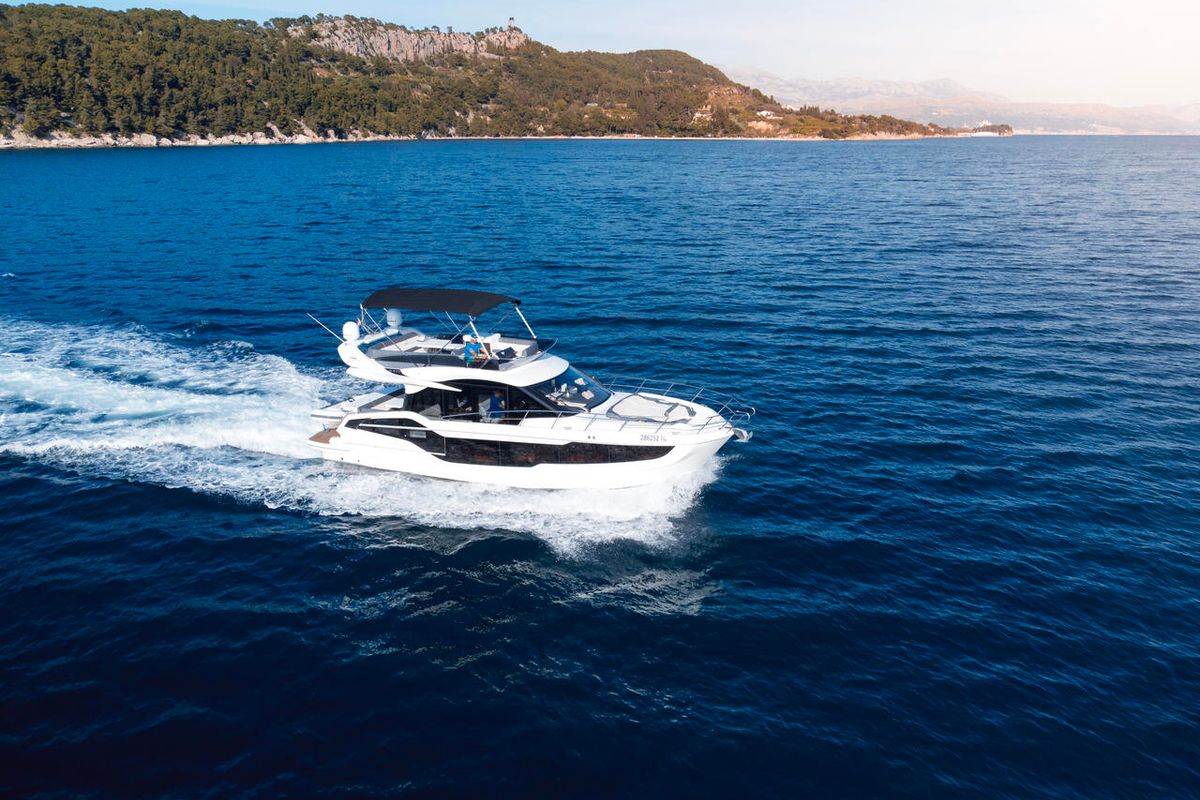 Deck of FGStar Mini, a Galeon 440 Fly (Diesel) yacht at Seget Donji, Croatia
