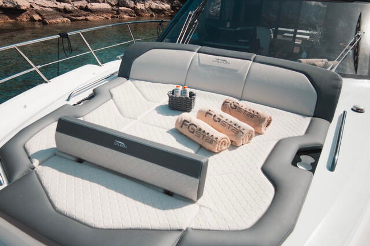 Deck of FGStar Mini, a Galeon 440 Fly (Diesel) yacht at Seget Donji, Croatia