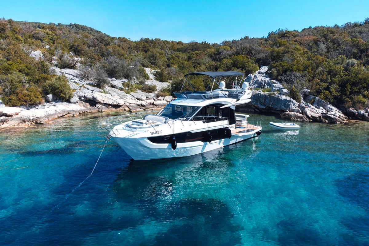 Exterior view of FGStar Mini, a Galeon 440 Fly (Diesel) yacht at Seget Donji, Croatia