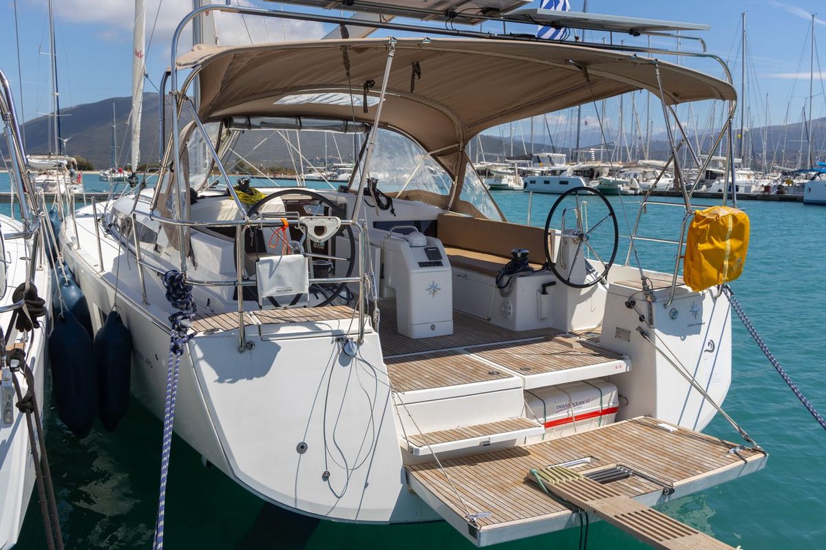 Cockpit of Maria, a Jeanneau Sun Odyssey 490 sailboat at Municipal Unit of Lefkada, Greece