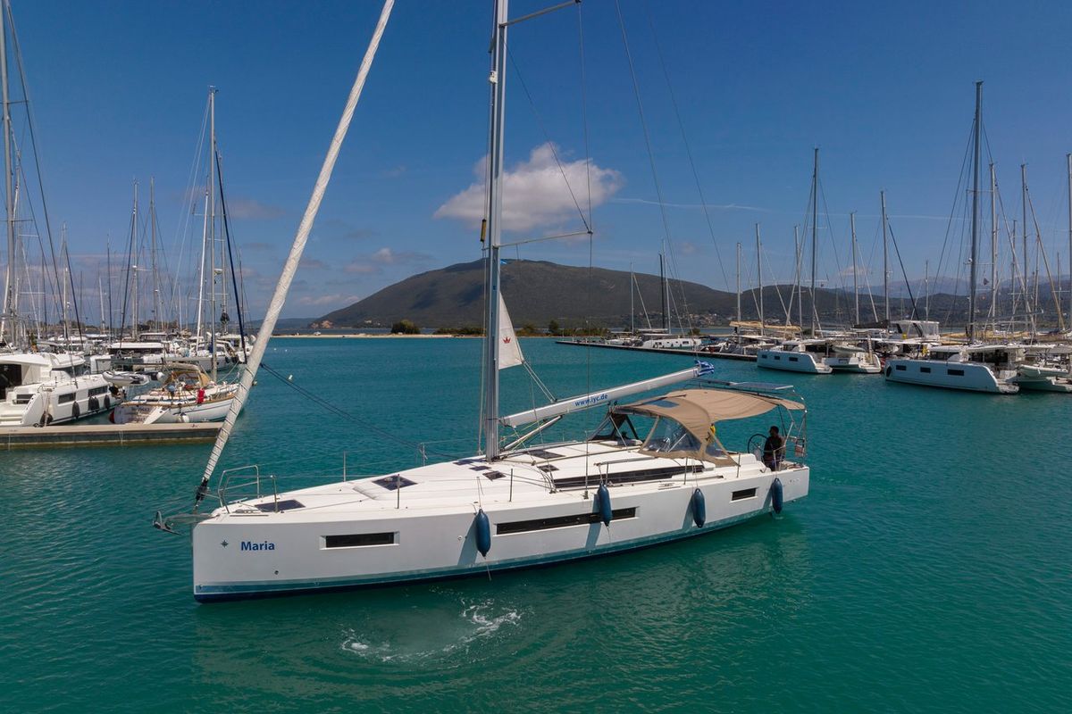 Exterior view of Maria, a Jeanneau Sun Odyssey 490 sailboat at Municipal Unit of Lefkada, Greece