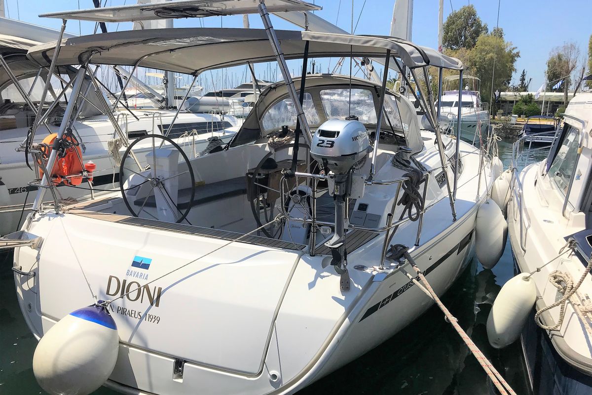 Exterior view of Dioni, a Bavaria Cruiser 41 sailboat at Preveza, Greece