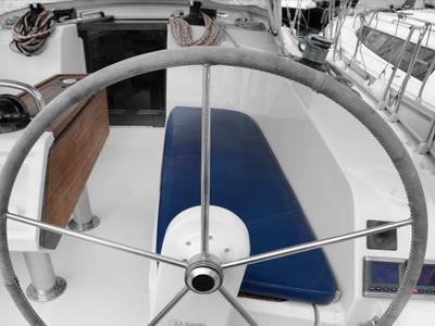 Cockpit of Dioni, a Bavaria Cruiser 41 sailboat at Preveza, Greece