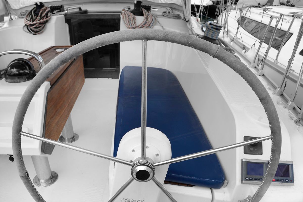 Cockpit of Dioni, a Bavaria Cruiser 41 sailboat at Preveza, Greece