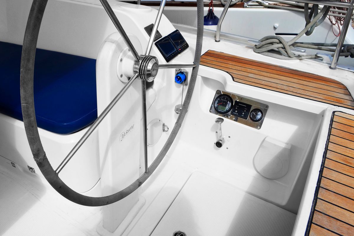 Cockpit of Dioni, a Bavaria Cruiser 41 sailboat at Preveza, Greece