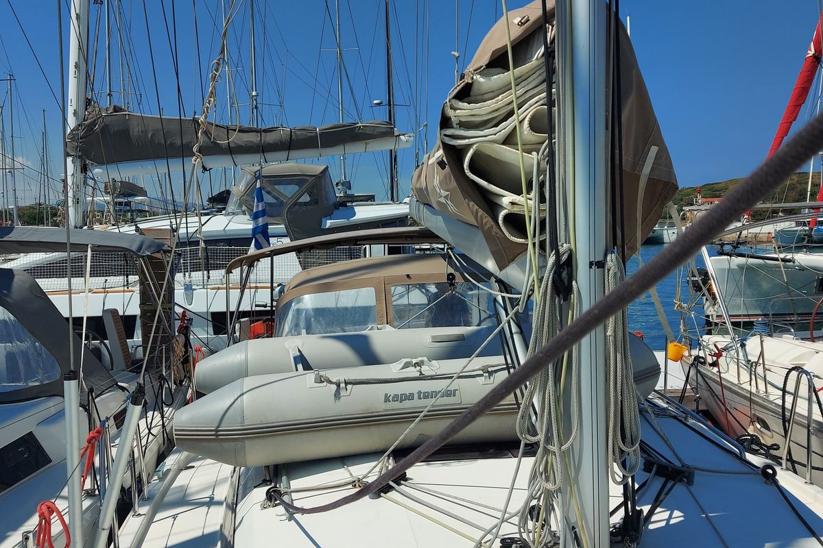 Deck of Evelina, a Jeanneau Sun Odyssey 410 sailboat at Lavreotiki Municipal Unit, Greece