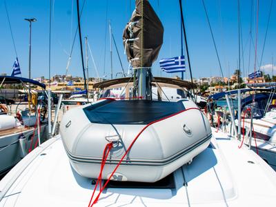 Deck of Evelina, a Jeanneau Sun Odyssey 410 sailboat at Lavreotiki Municipal Unit, Greece